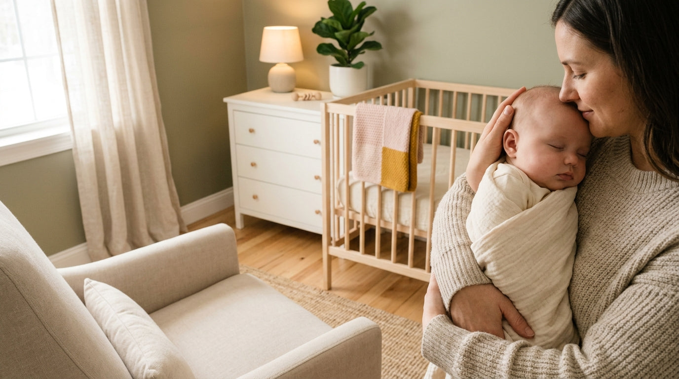 Exhausted dad staring at his smartwatch while holding a crying baby