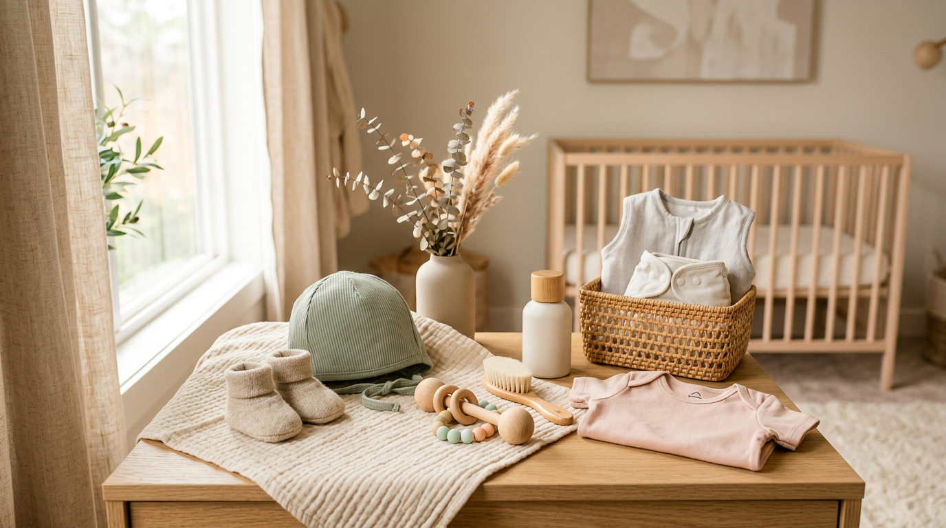 Sarah holding a massive iced coffee looking stressed inside a brightly lit infant store aisle.