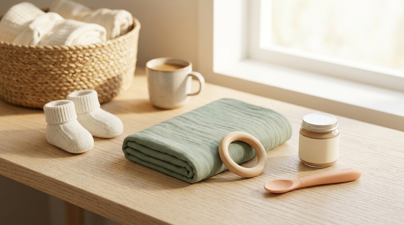 A tired mom holding a newborn while a toddler pulls her pant leg