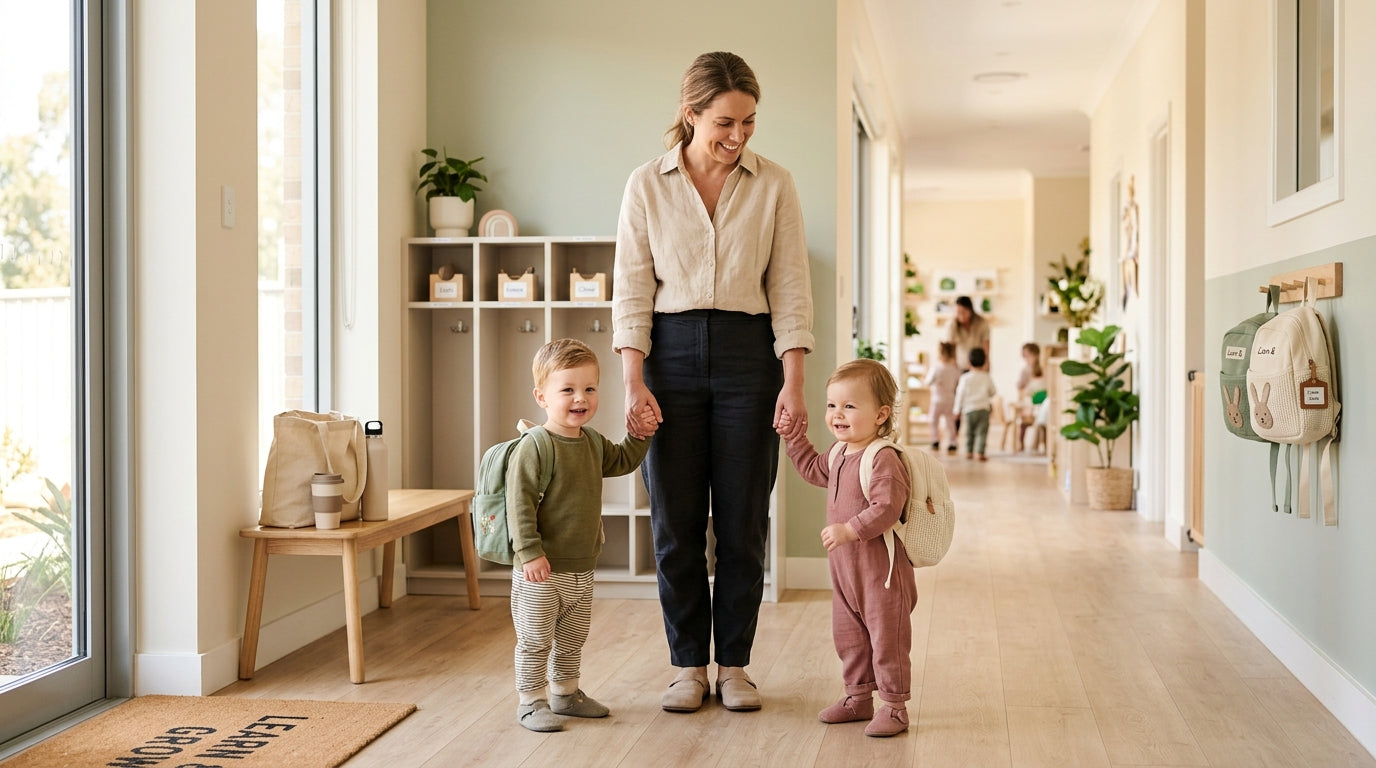 Exhausted London dad holding two toddlers and five overflowing daycare bags