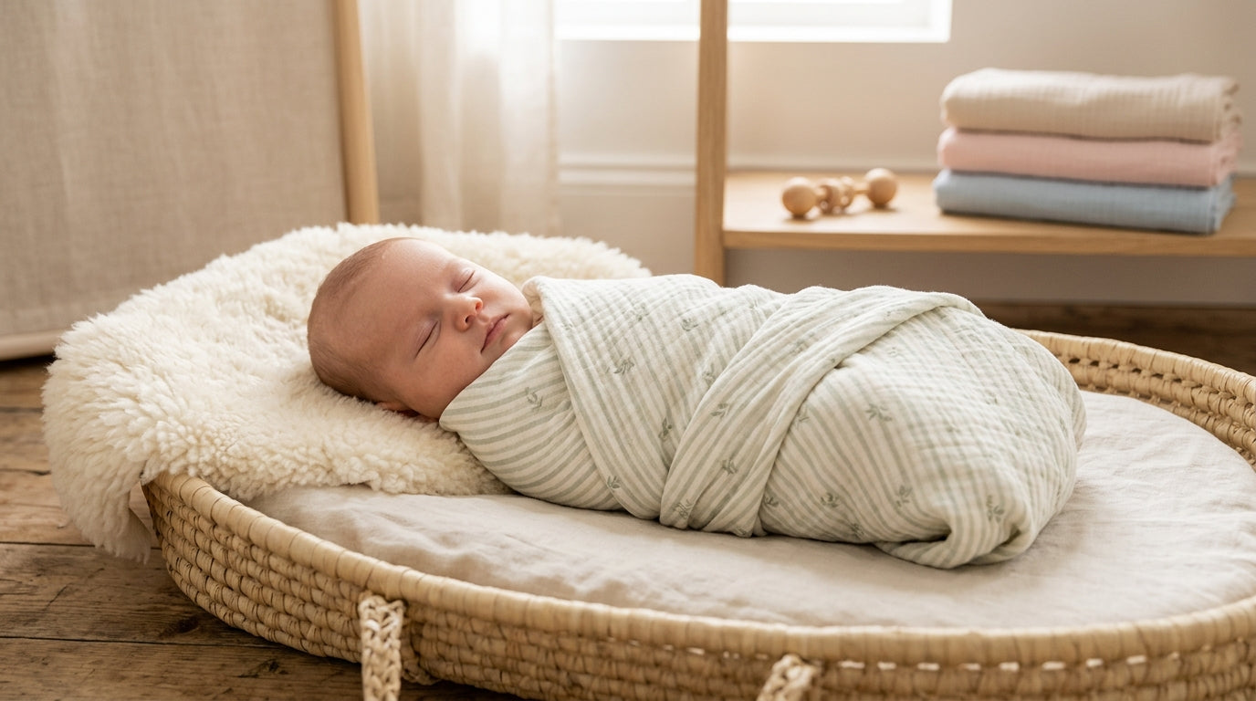 A tired dad holding a baby swaddle blanket while looking at a tutorial in the nursery.