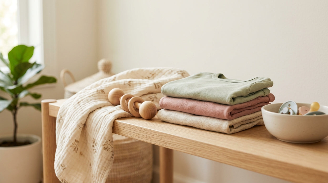 A stressed mom holding a coffee mug and looking at a tablet screen in confusion in a bathroom.