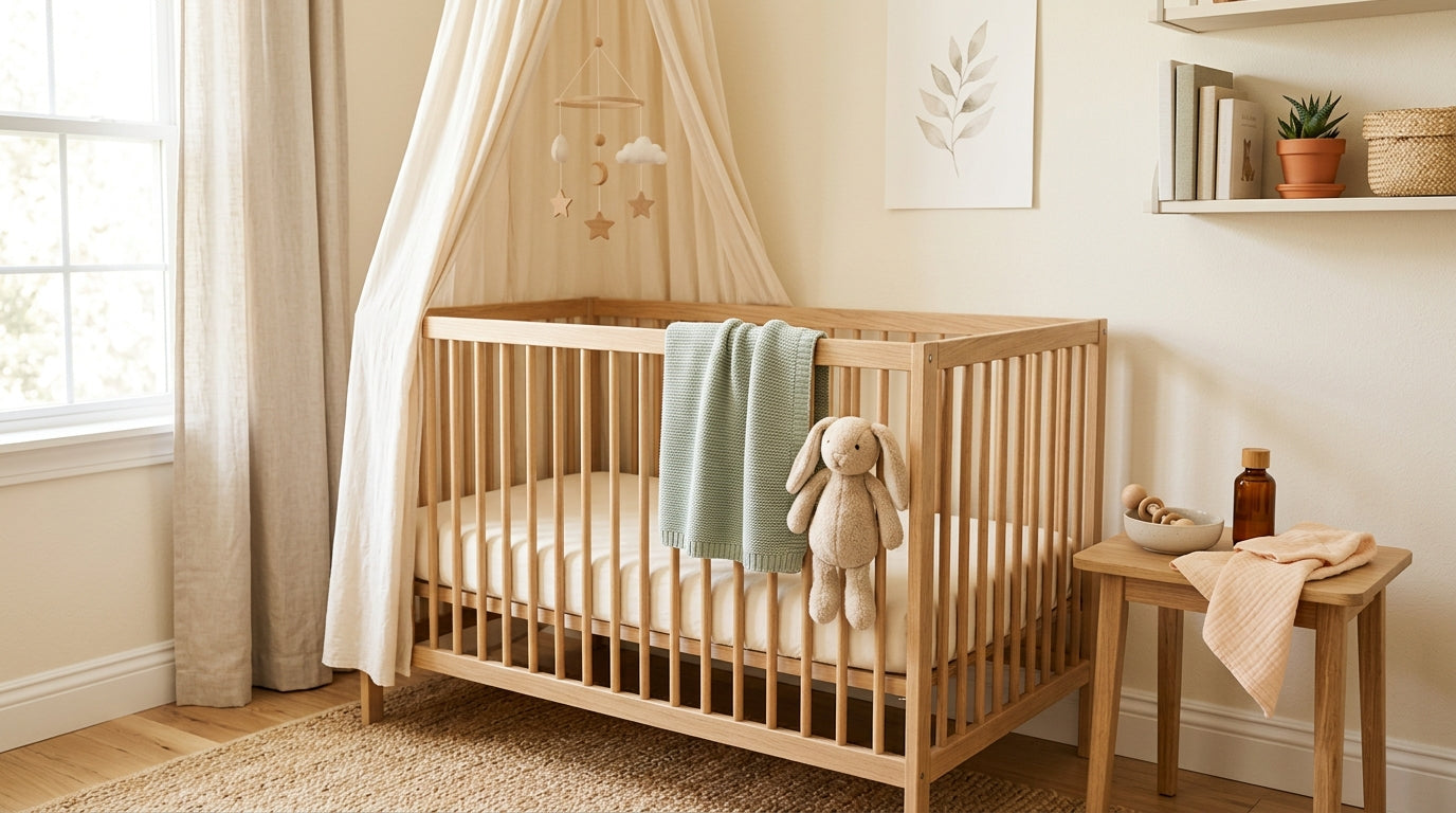 Confused dad looking at his phone next to a wooden baby gym
