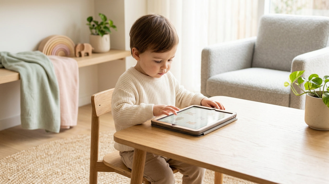 Toddler playing with a wooden block at a restaurant table
