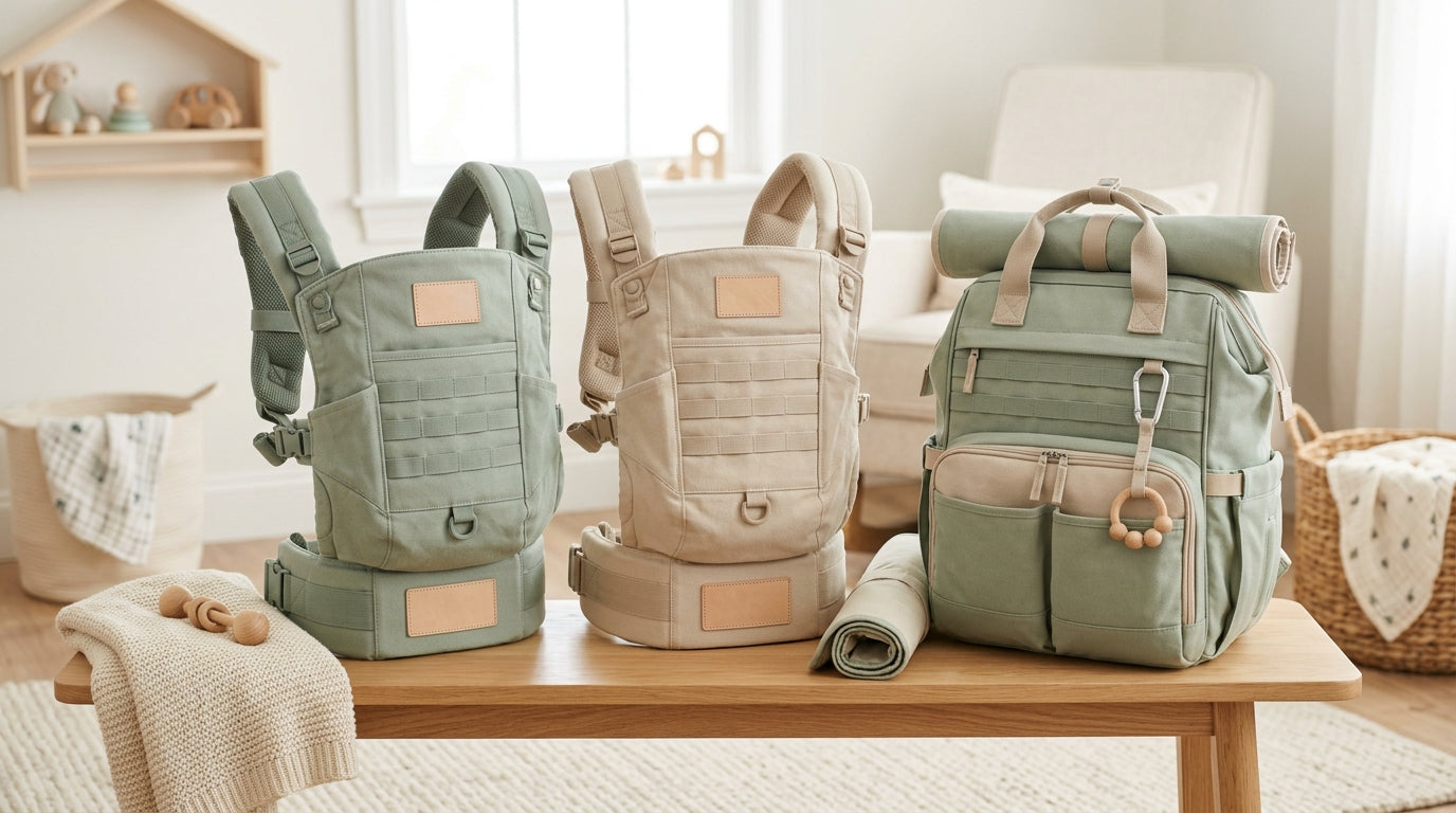 A dad carrying twins using military green tactical baby gear