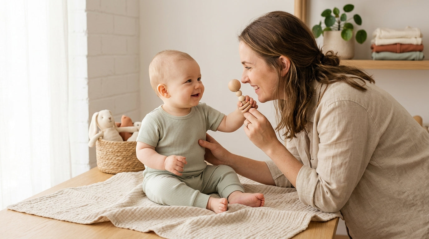 Mother talking to her infant on an organic play mat