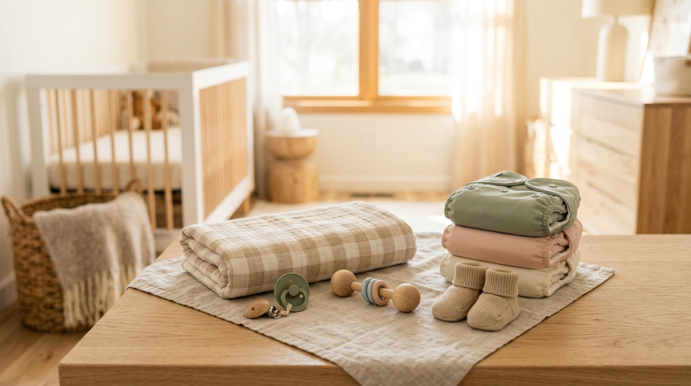 Tired dad staring at a massive pile of baby items from a Target registry