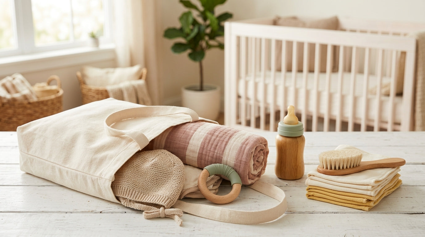 Target baby registry welcome bag contents spread out on a wooden table