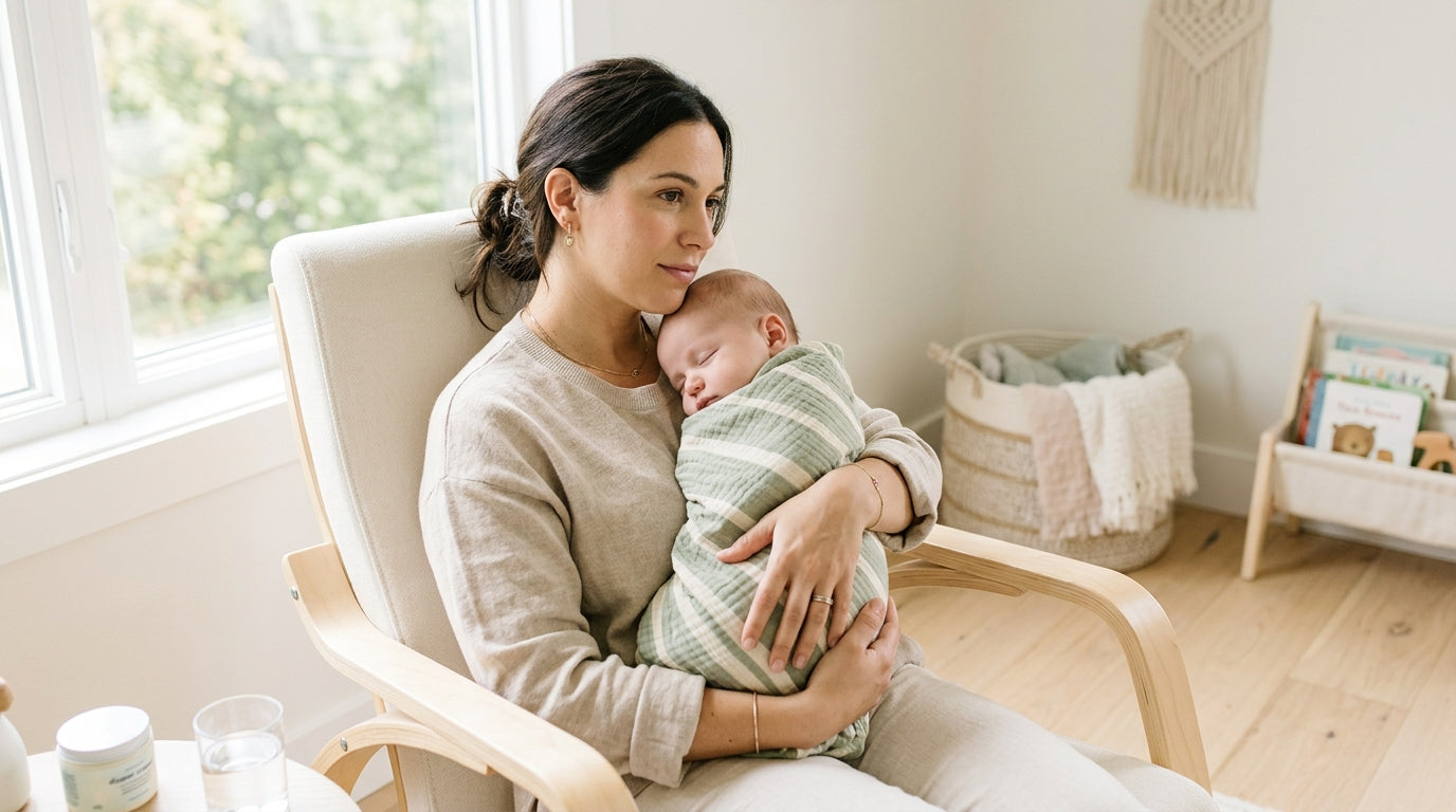 A quiet nursery corner illuminated only by the glow of a smartphone screen