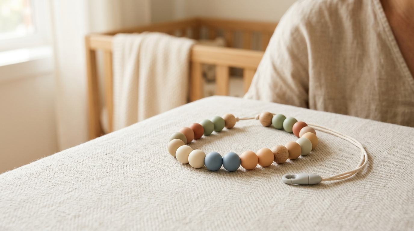 Mom wearing a silicone teething chain while holding a fussy baby