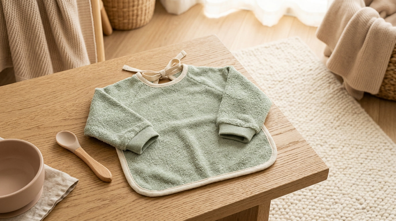 Baby eating spaghetti while wearing a long-sleeve terry cloth smock