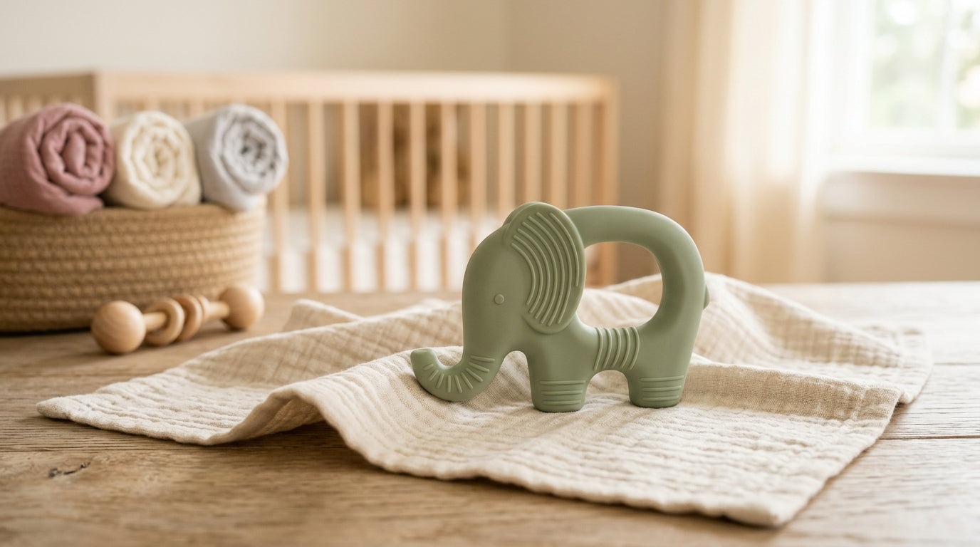 Exhausted mom drinking coffee while baby chews on a silicone gum teether.