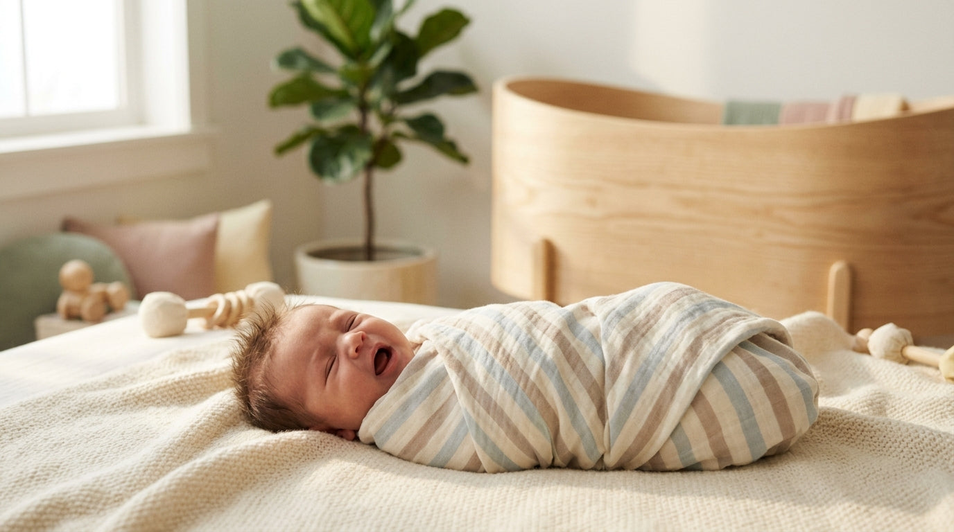 A tiny baby laying on a colorful rainforest play mat reaching up for a wooden hanging toy