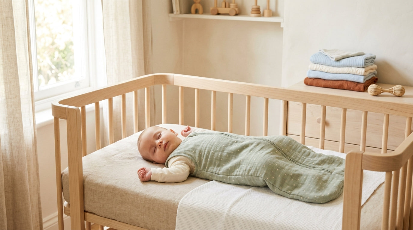 Exhausted mom holding coffee and staring at baby gear.