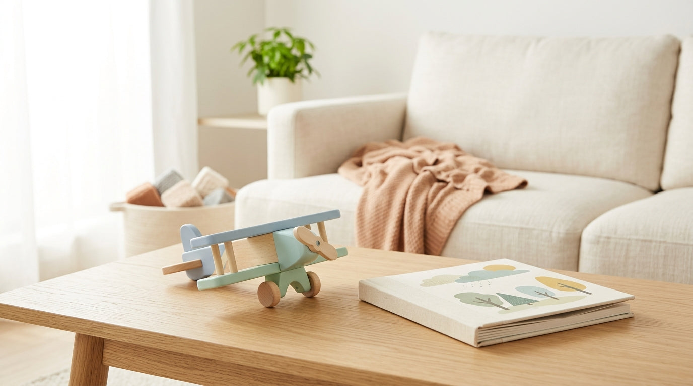 Two toddlers watching an animated movie in a living room scattered with toys