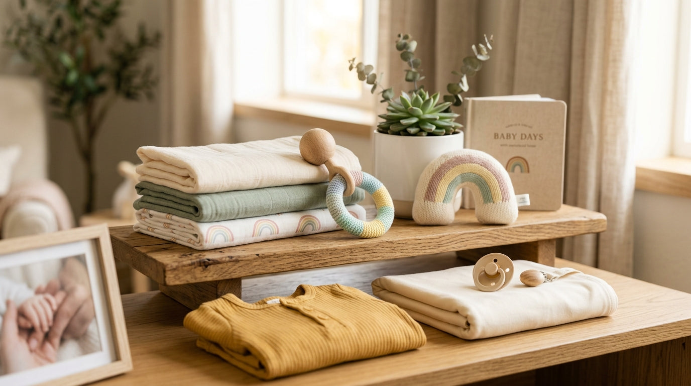 Wooden rainbow play gym set up in a cozy baby nursery