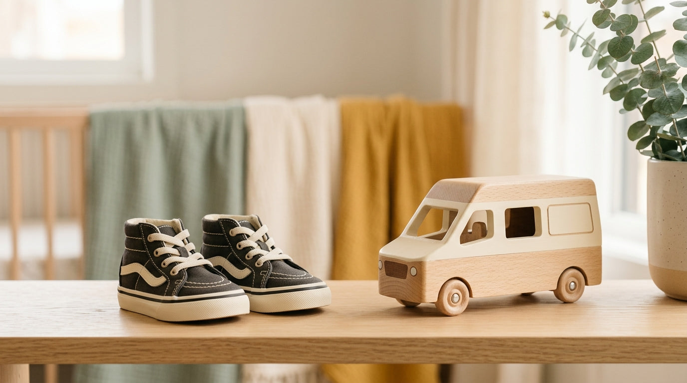 A frustrated mom holding tiny canvas baby vans shoes next to her coffee.