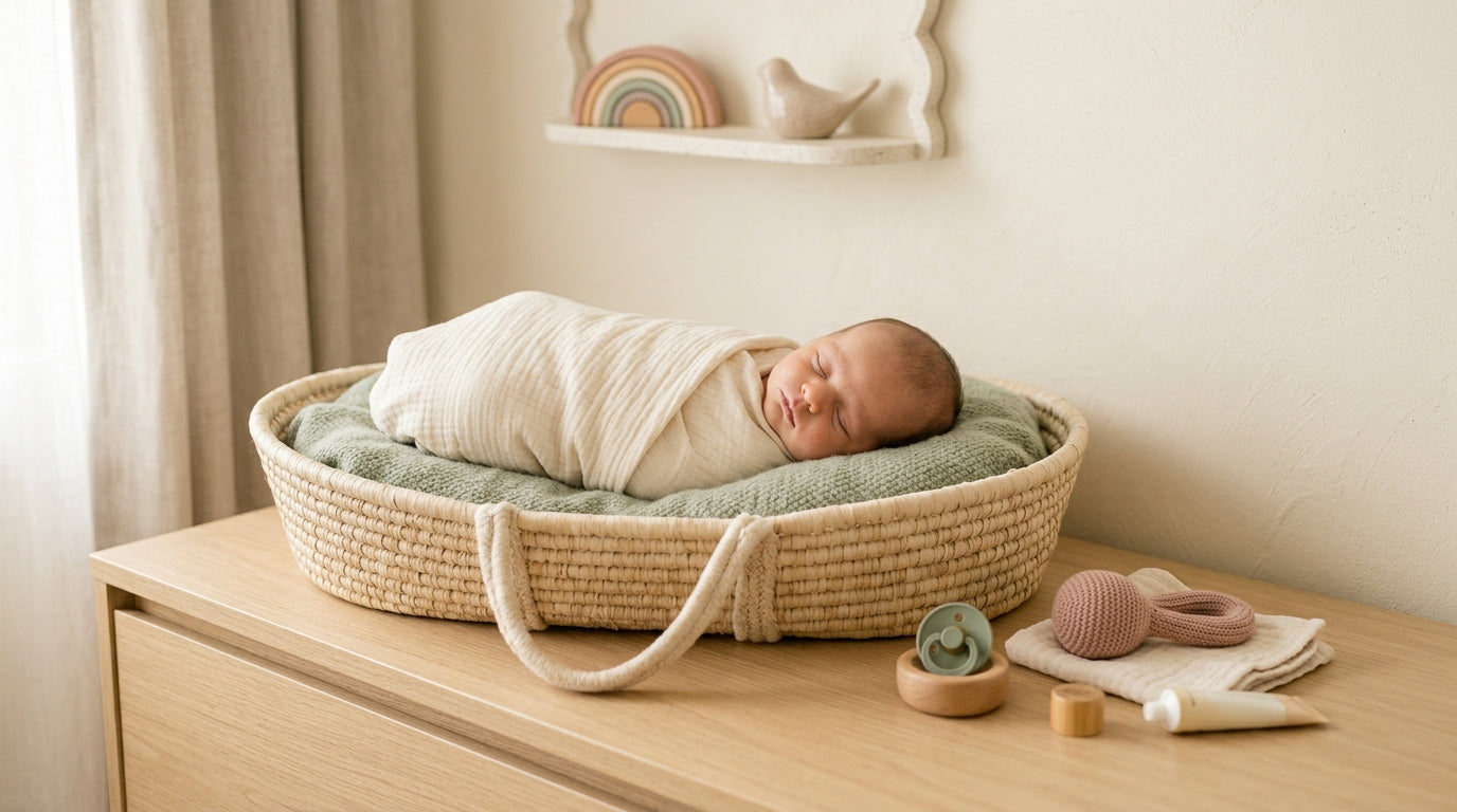 An exhausted British dad holding two newborn babies wearing organic cotton rompers.