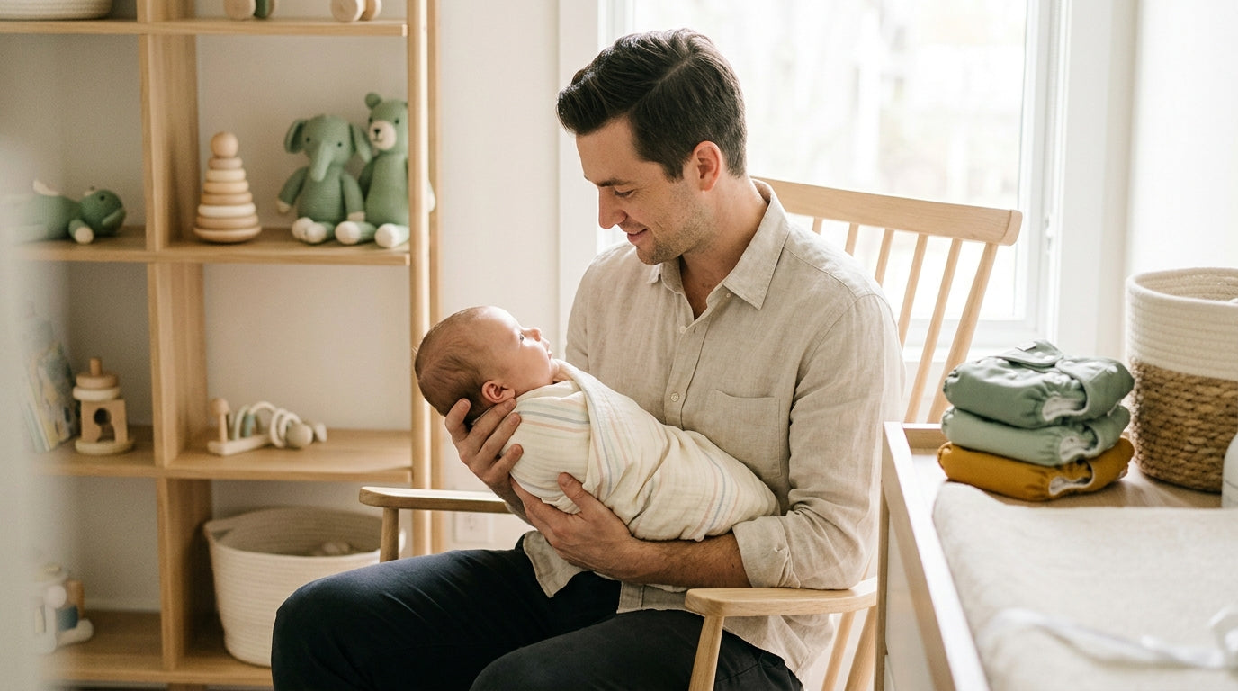A dad holding his baby looking confused at an iPad playing an 80s movie.