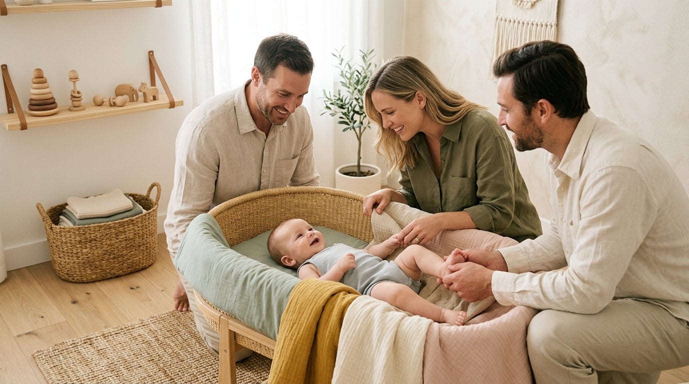 Overwhelmed mother holding a baby in a messy living room