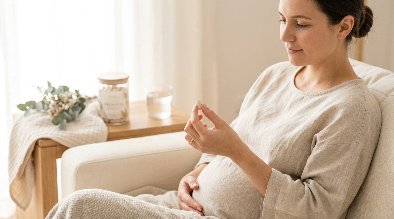 Sarah sitting in her car looking stressed while holding a giant bottle of prenatal vitamins.