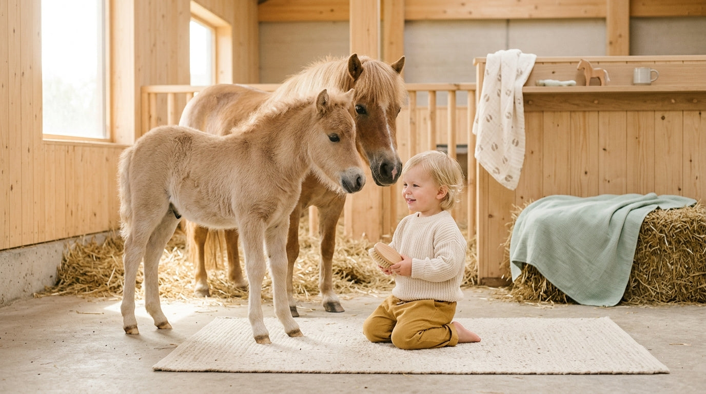 Toddler looking at a baby horse in a barn while wearing a structured carrier