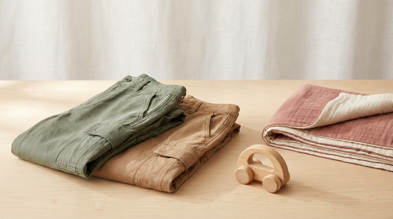 Toddler girl wearing organic cotton pants crawling over gravel without scraping her knees