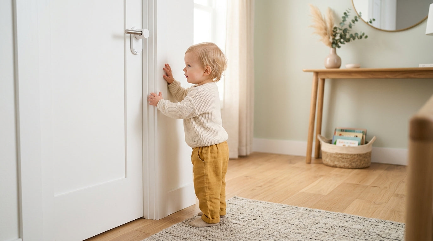A toddler reaching up for a modern lever door handle in a dark hallway