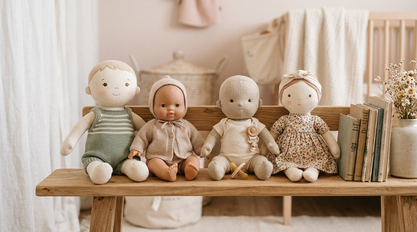 A soft organic cotton baby doll resting on a folded woodland print blanket.