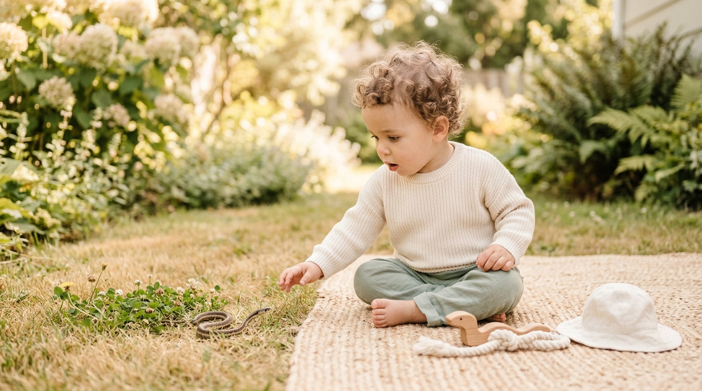 Toddler wearing a flutter sleeve bodysuit exploring a backyard garden safely
