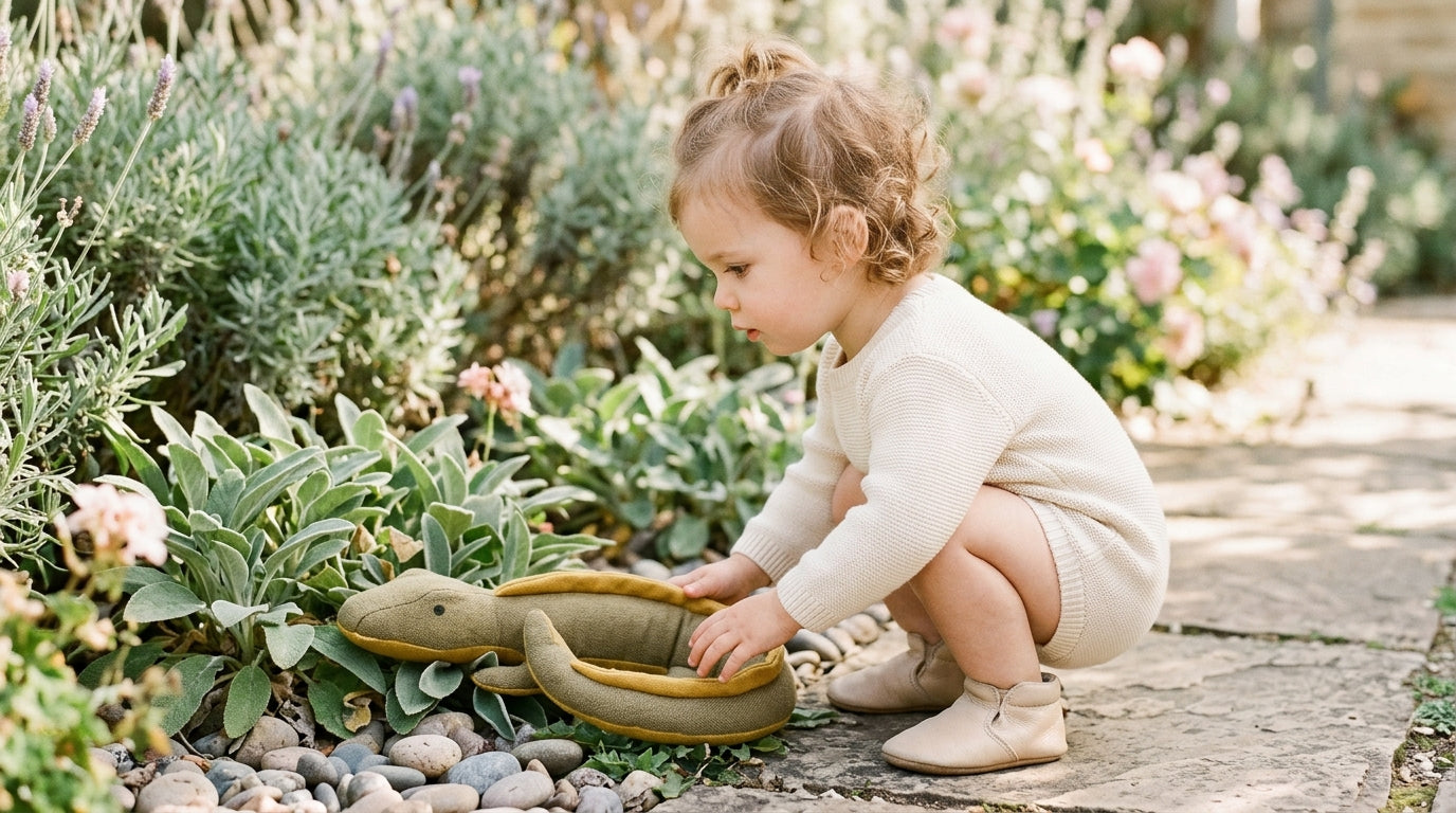 A toddler's legs standing in tall garden grass