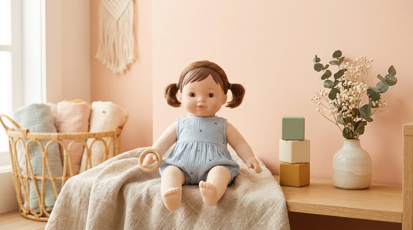 A disassembled plastic doll sitting next to a damp cloth and forceps