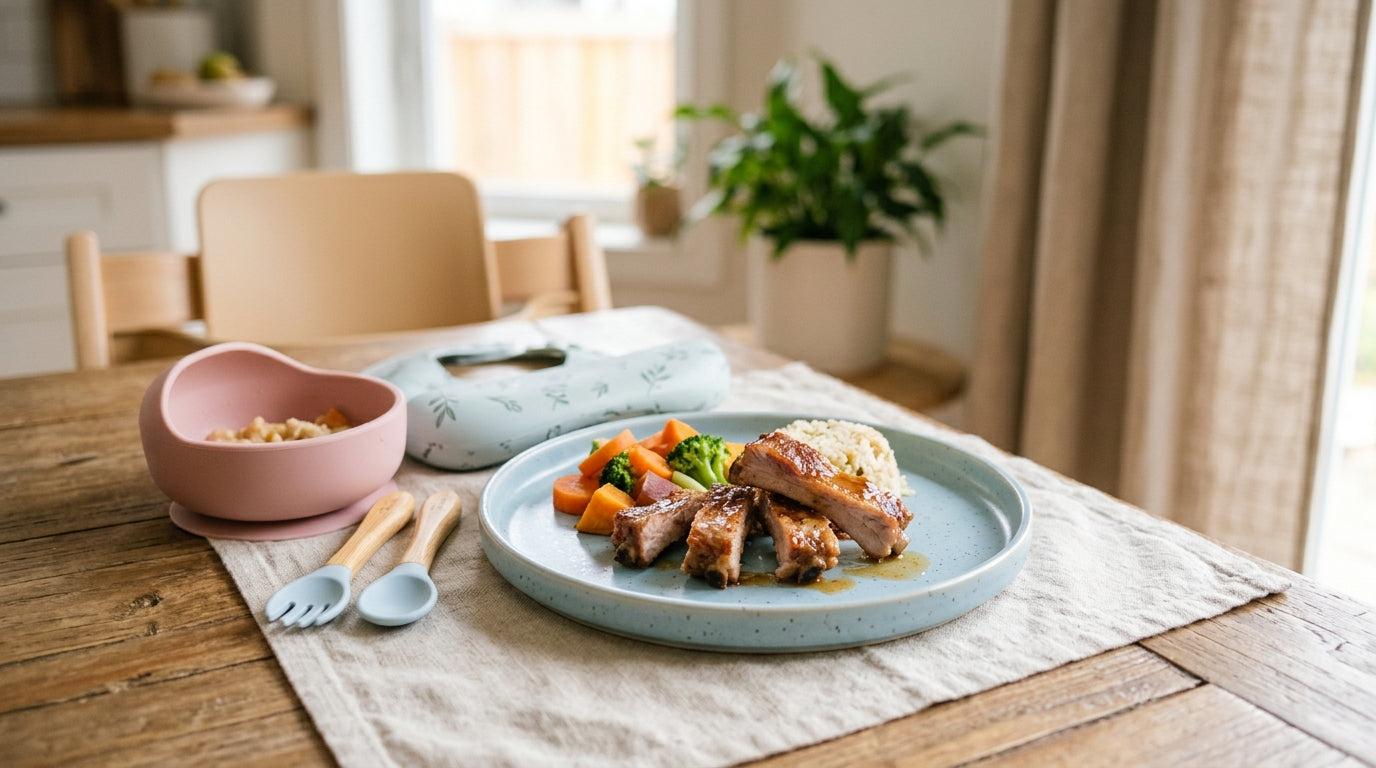 Dad checking meat thermometer while holding a baby near a backyard smoker