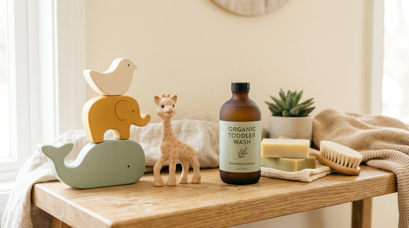 A dad looking entirely exhausted while holding a tiny plastic building brick next to a messy toddler.