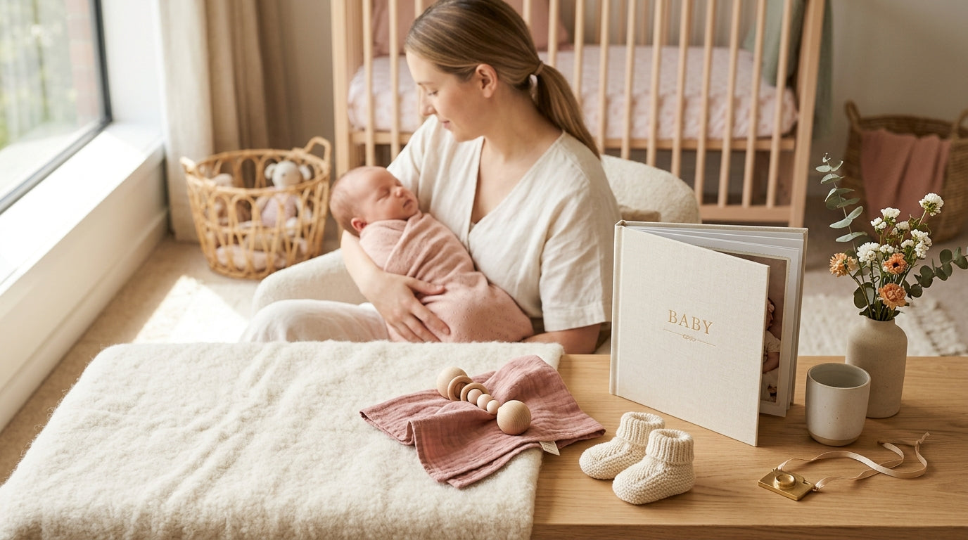 A tired mom holding her baby daughter while looking shocked at a smartphone screen