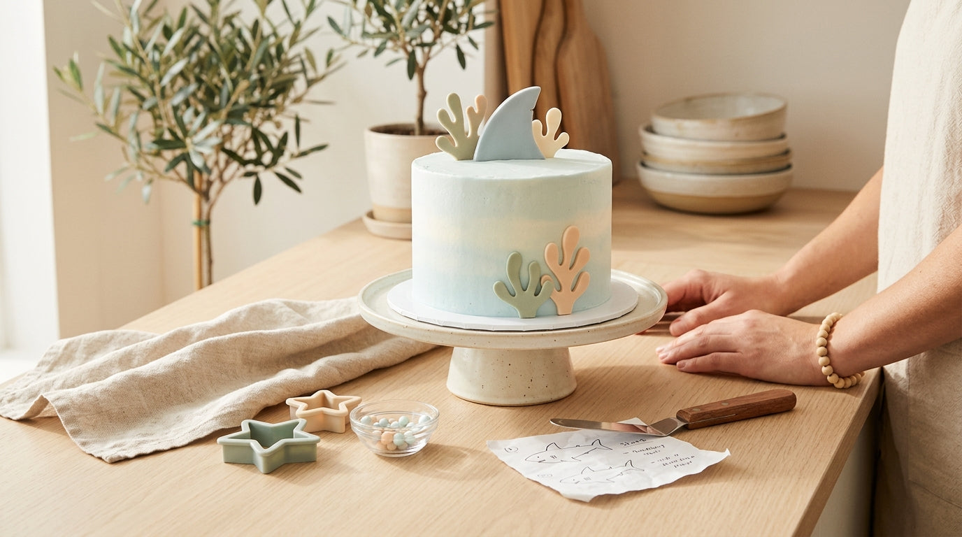 Messy toddler eating blue frosting from an ocean themed birthday cake
