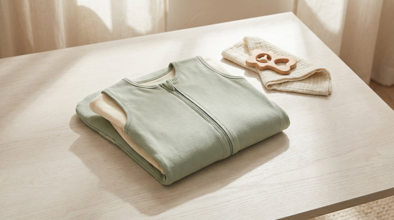 Mom folding a bamboo toddler sleep sack in a nursery