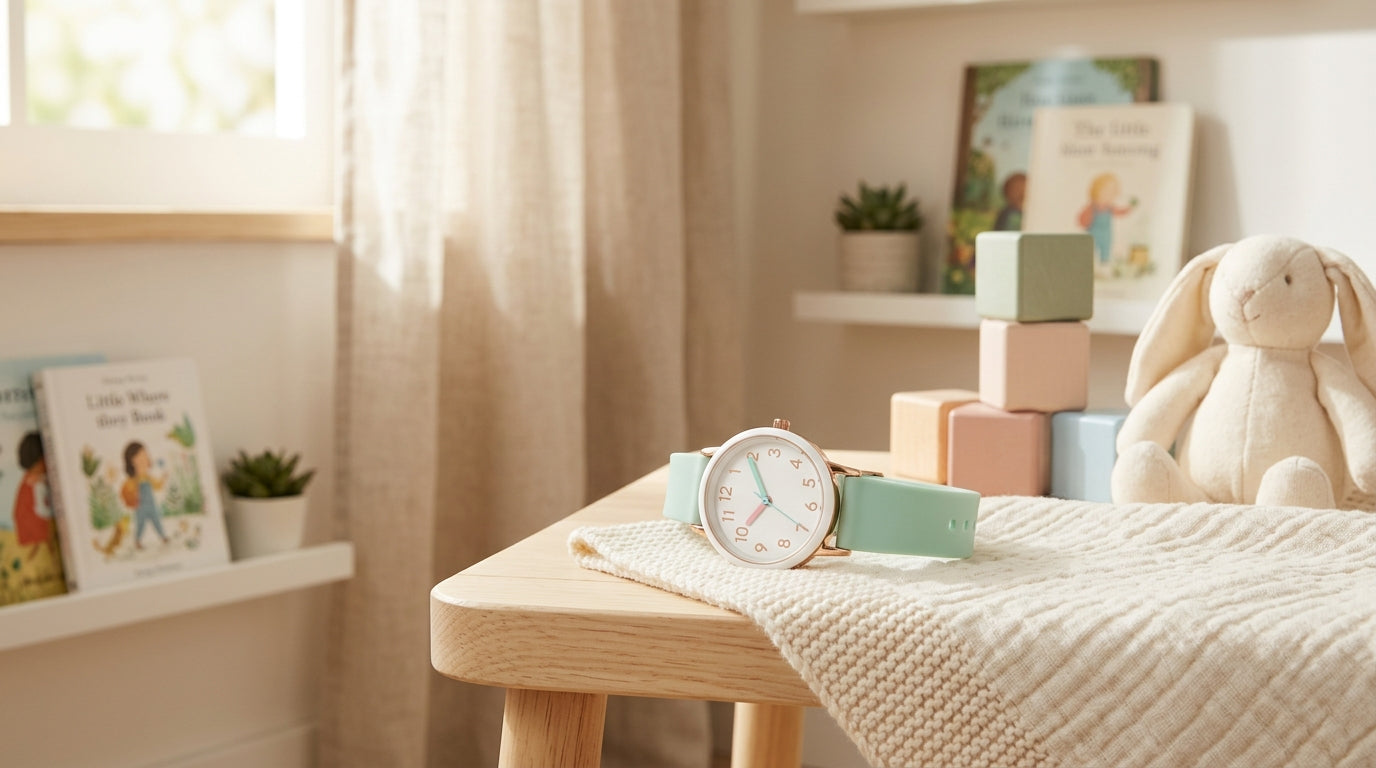 Exhausted dad looking at a digital watch while toddler runs away