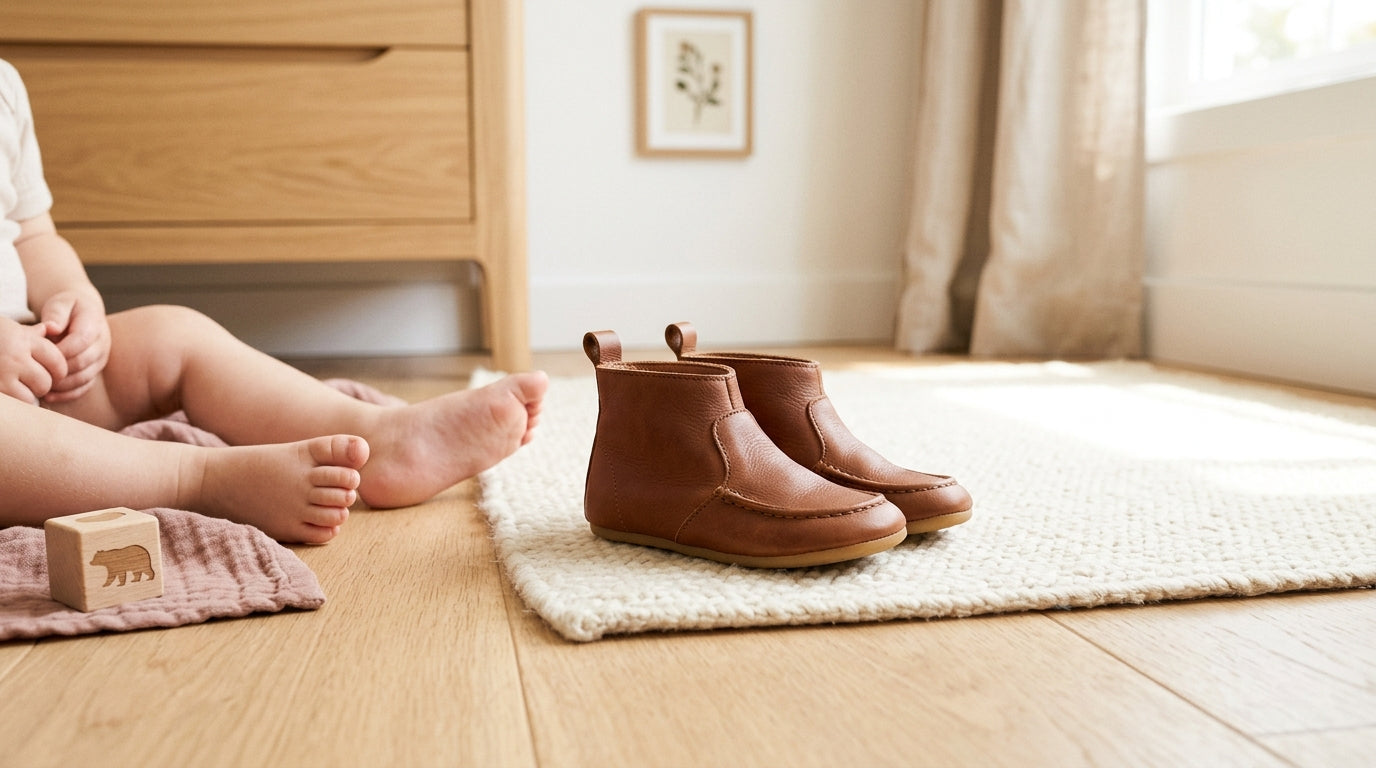 Toddler wearing soft leather western shoes standing next to a wooden farm fence
