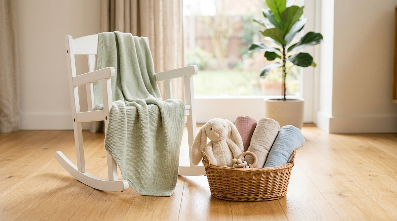 A frustrated mom looking at a tablet while folding baby clothes