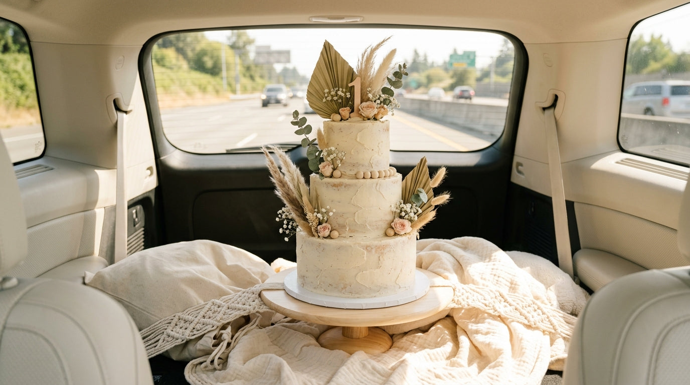 A terrified dad driving carefully with a massive three-tier custom cake sitting precariously in the passenger seat