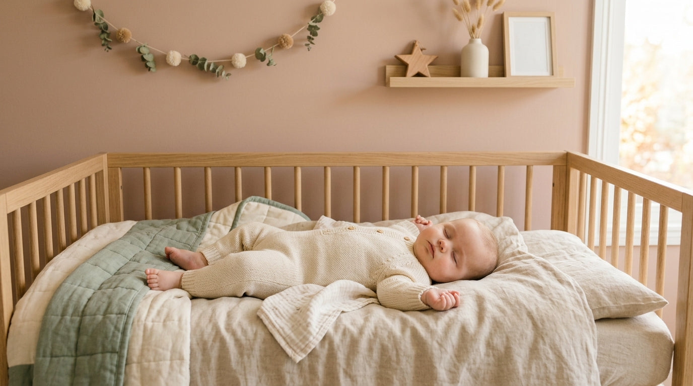 Confused dad trying to soothe a grumpy grinch baby wearing an organic cotton bodysuit