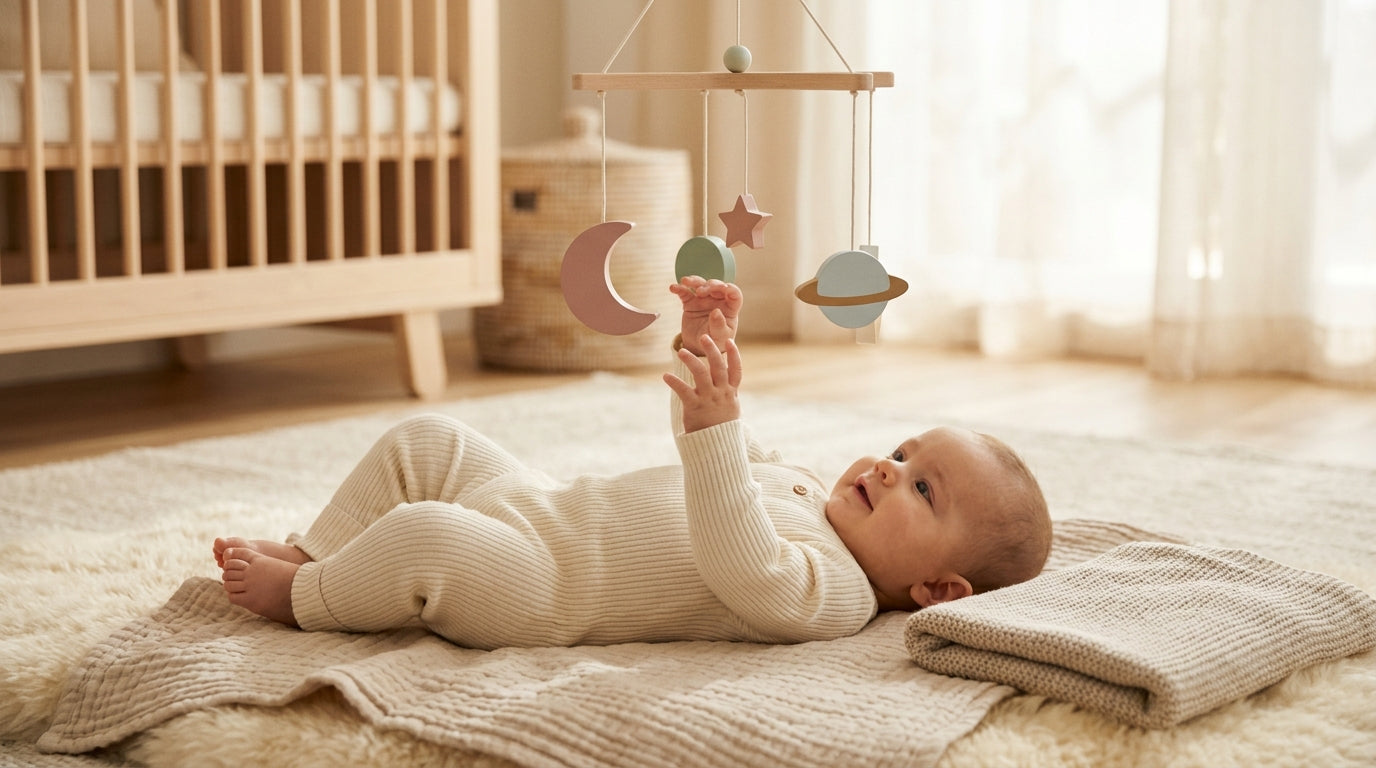 Confused dad looking at a baby playing with wooden toys on a floor rug