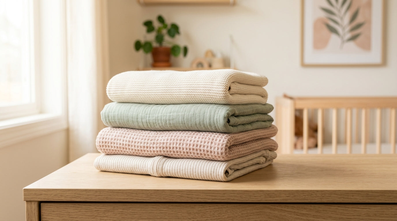 Stressed dad looking at clothing care labels while holding a sleeping infant