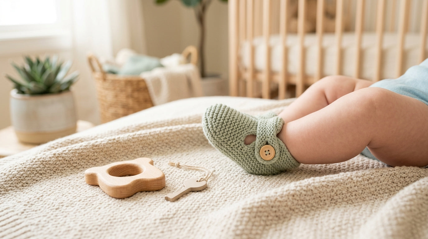 Close up of an eleven month old baby foot kicking on a wooden floor in Portland