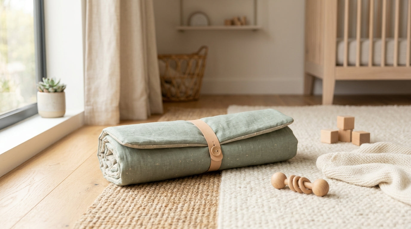 A tired dad looking at a laptop while a baby chews on a wooden play gym ring.