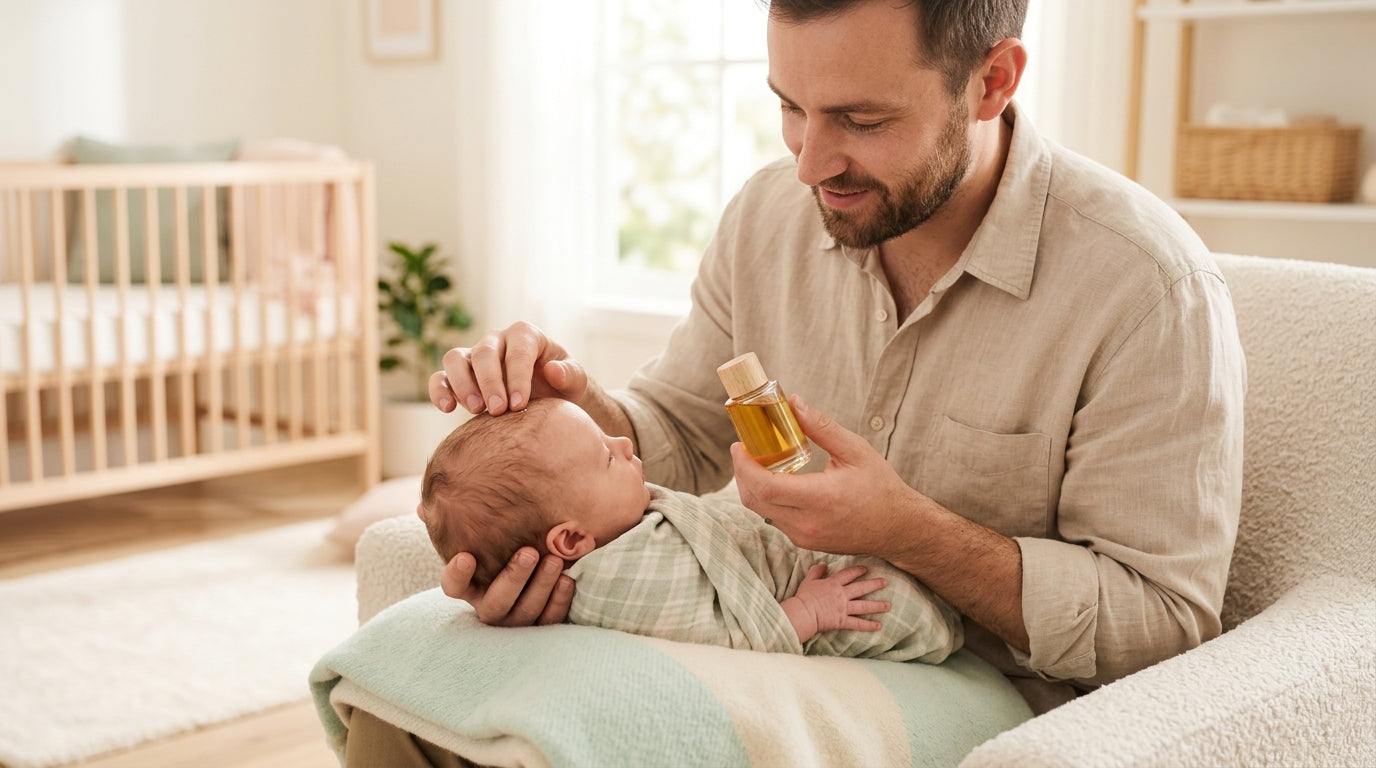 A stressed dad trying to apply baby oil to a very slippery infant after bath time.