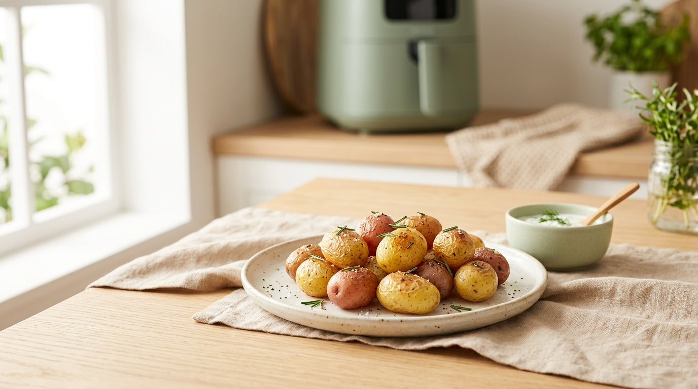 A messy highchair tray covered in squished air fried potato pieces