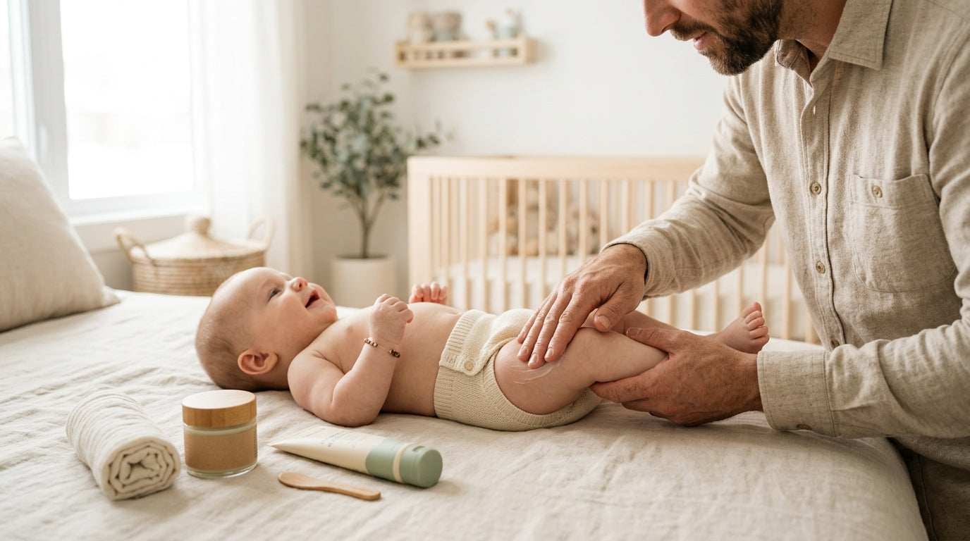 Confused dad checking baby rash on face while holding a smartphone in a dark nursery