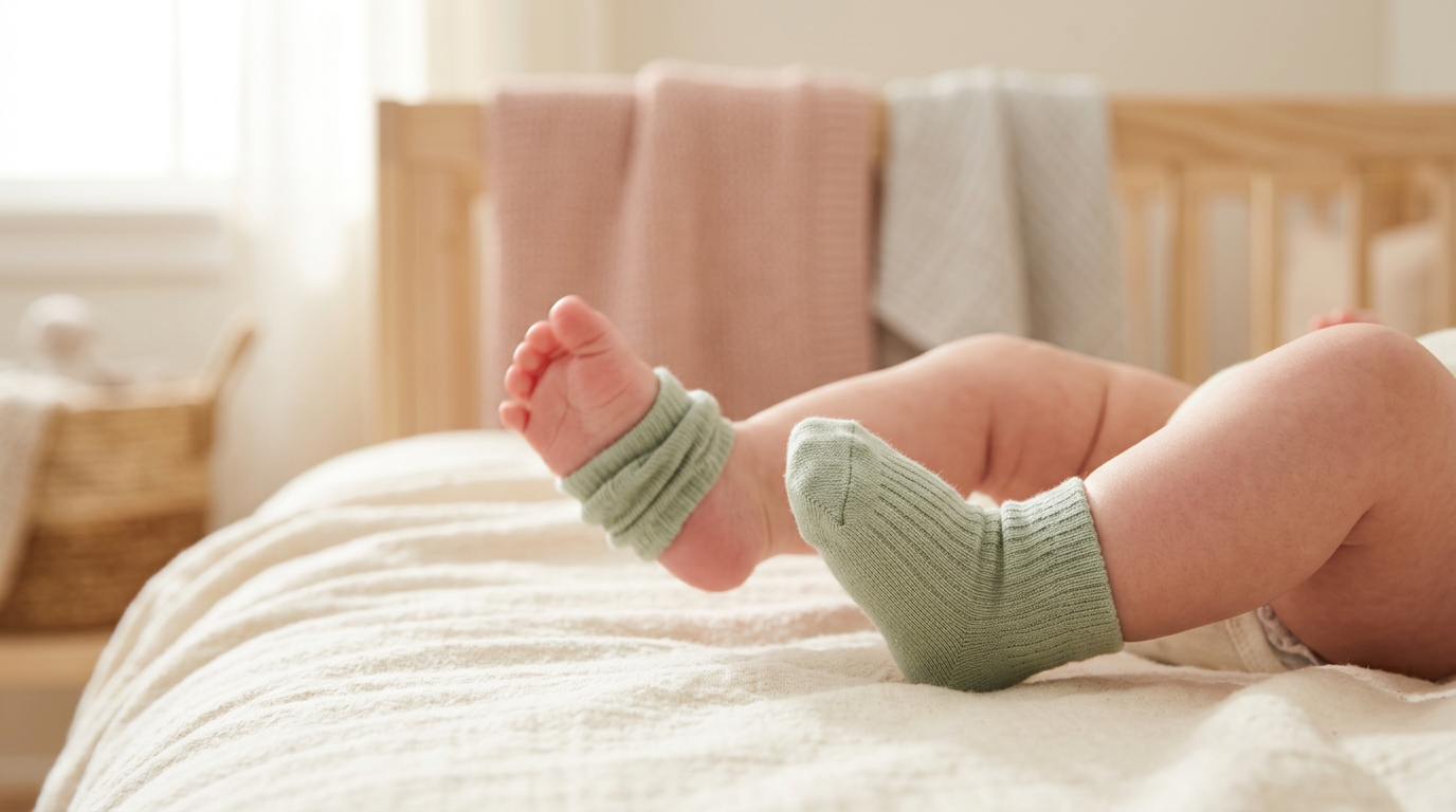 A first-time dad looking exhausted while holding one tiny organic cotton baby sock